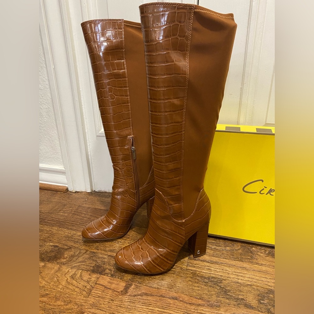 Knee-high brown faux croc boots